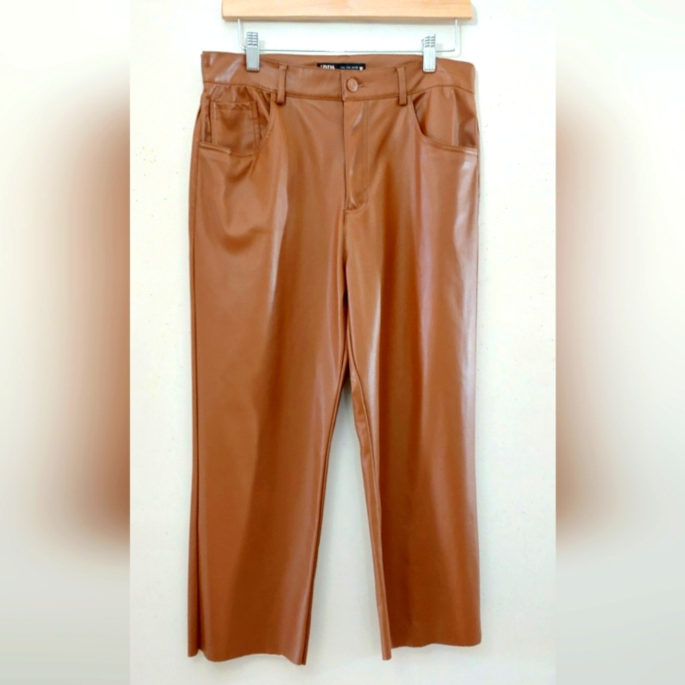 Zara Cognac-Brown Faux Leather Pants